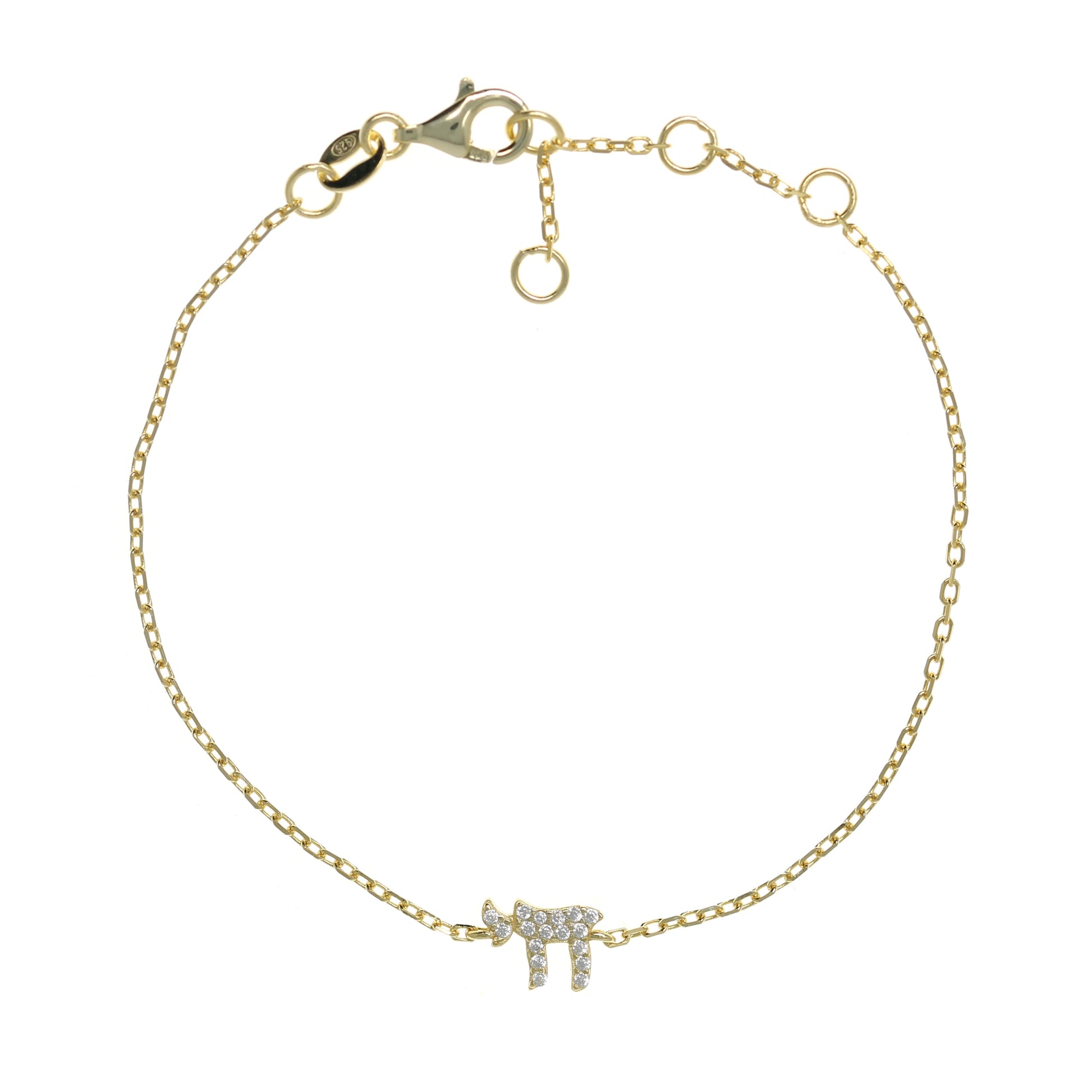 Gold plated Chain Bracelet with Chai Symbol and Cubic Zirconia