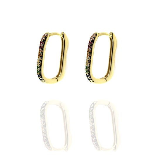 Gold Oval Huggie Hoop Earrings with Rainbow Stones