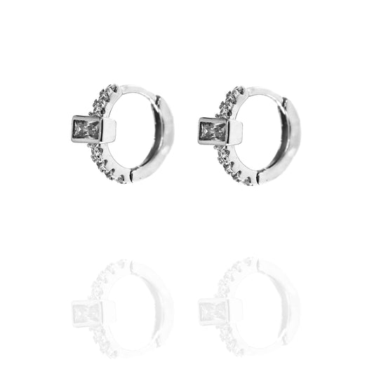 Geometric Cubic Zirconia Rectangle Silver Huggie Hoop Earrings