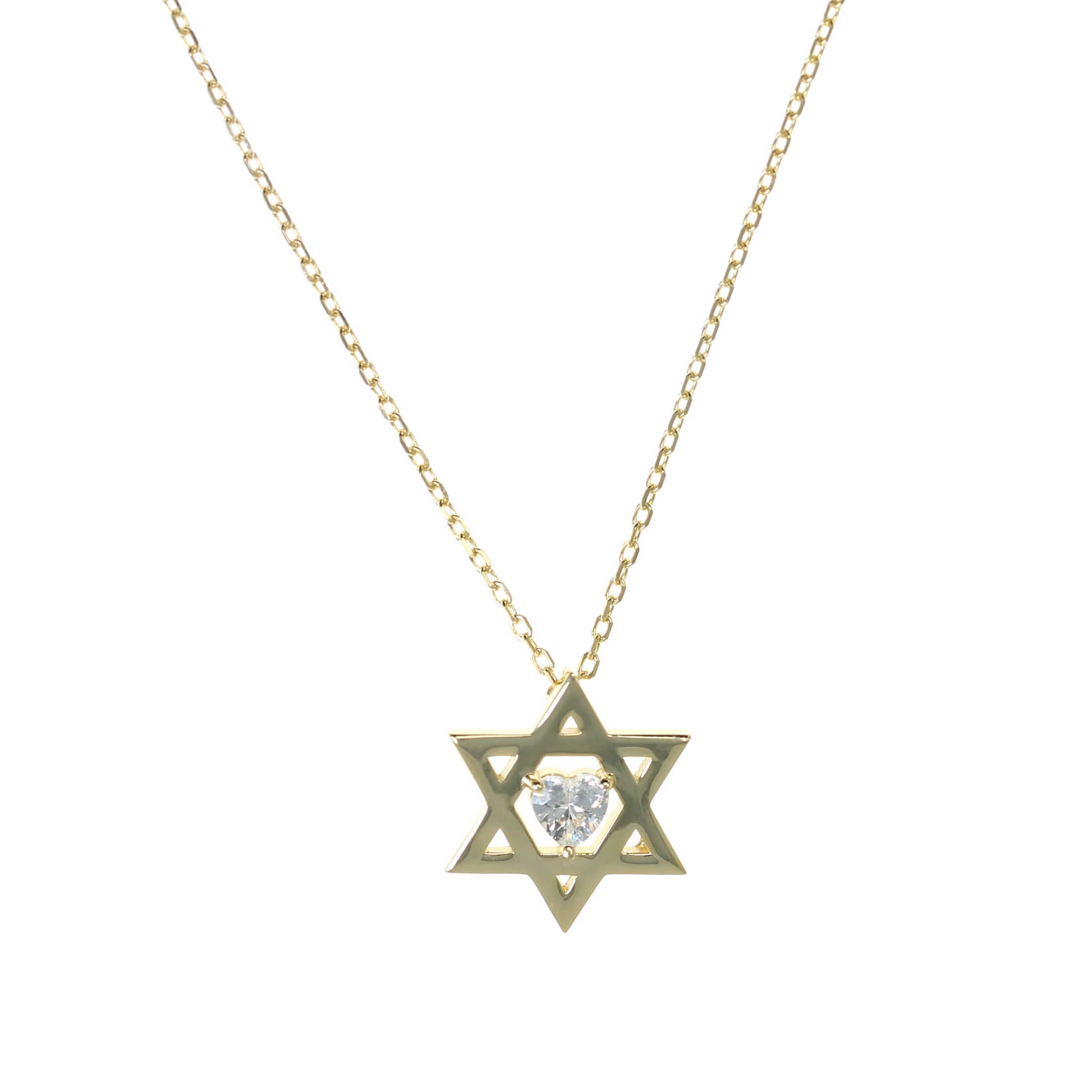 Gold-plated Chain Necklace with Star of David and Heart-Shaped Cubic Zirconia