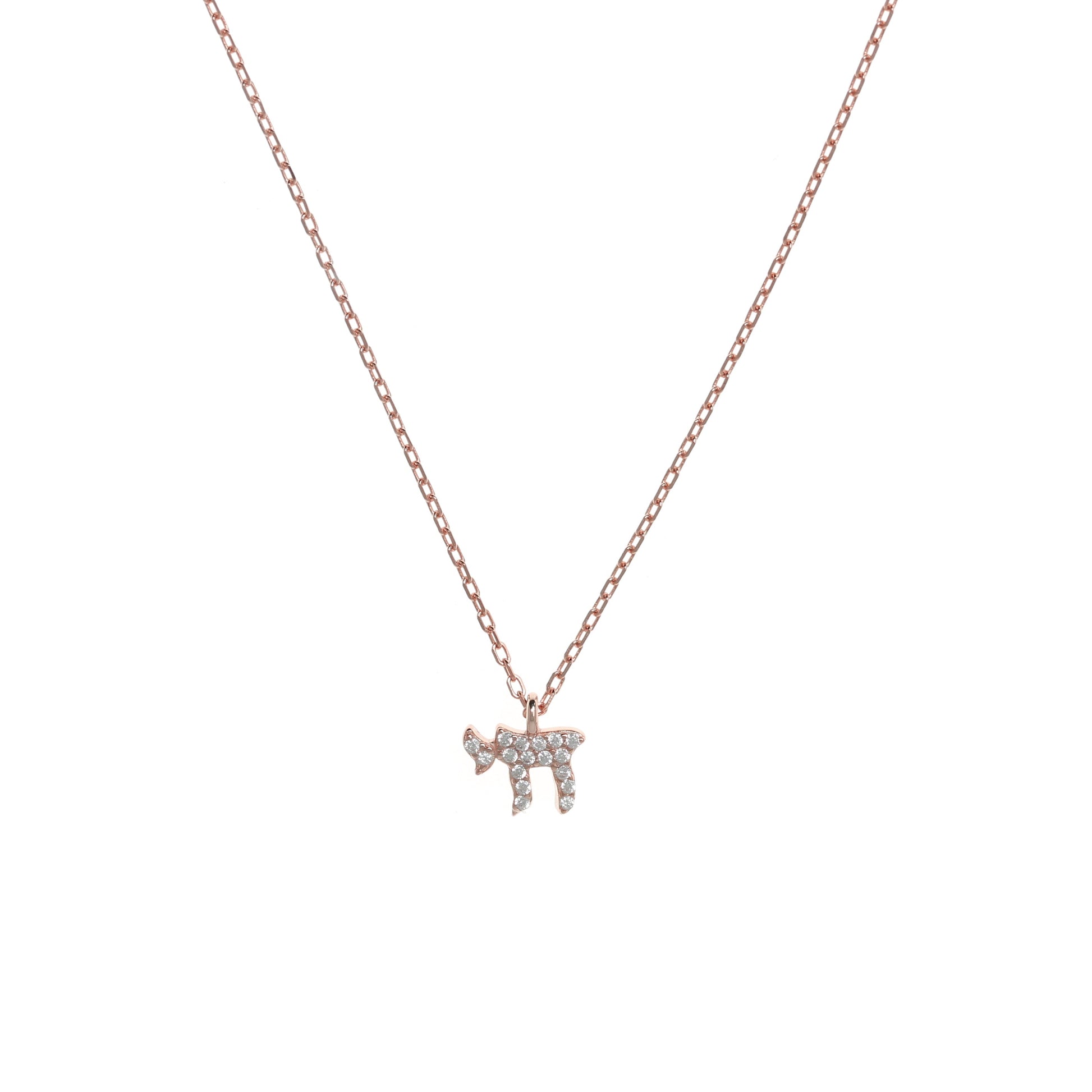 Rose-Gold Chain Necklace with Chai Symbol and Cubic Zirconia