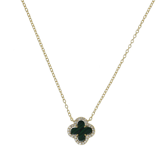 Gold Clover with Malachite and Cubic Zirconia Necklace