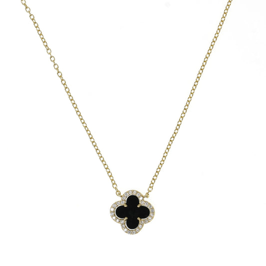 Gold Clover with Black Onyx and Cubic Zirconia Necklace