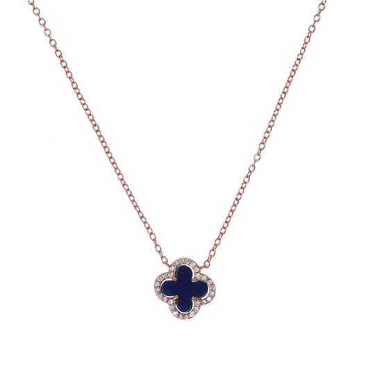 Rose Gold Clover with Lapis and Cubic Zirconia Necklace