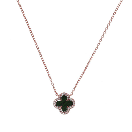 Rose Gold Clover with Malachite and Cubic Zirconia Necklace