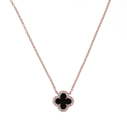 Rose Gold Clover with Black Onyx and Cubic Zirconia Necklace