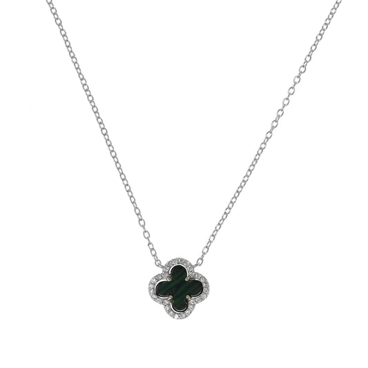 Silver Clover with Malachite and Cubic Zirconia Necklace