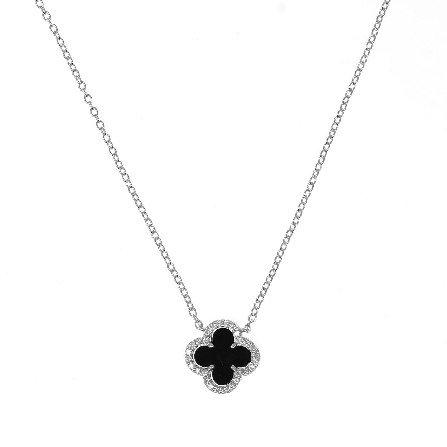 Silver Clover with Black Onyx and Cubic Zirconia Necklace