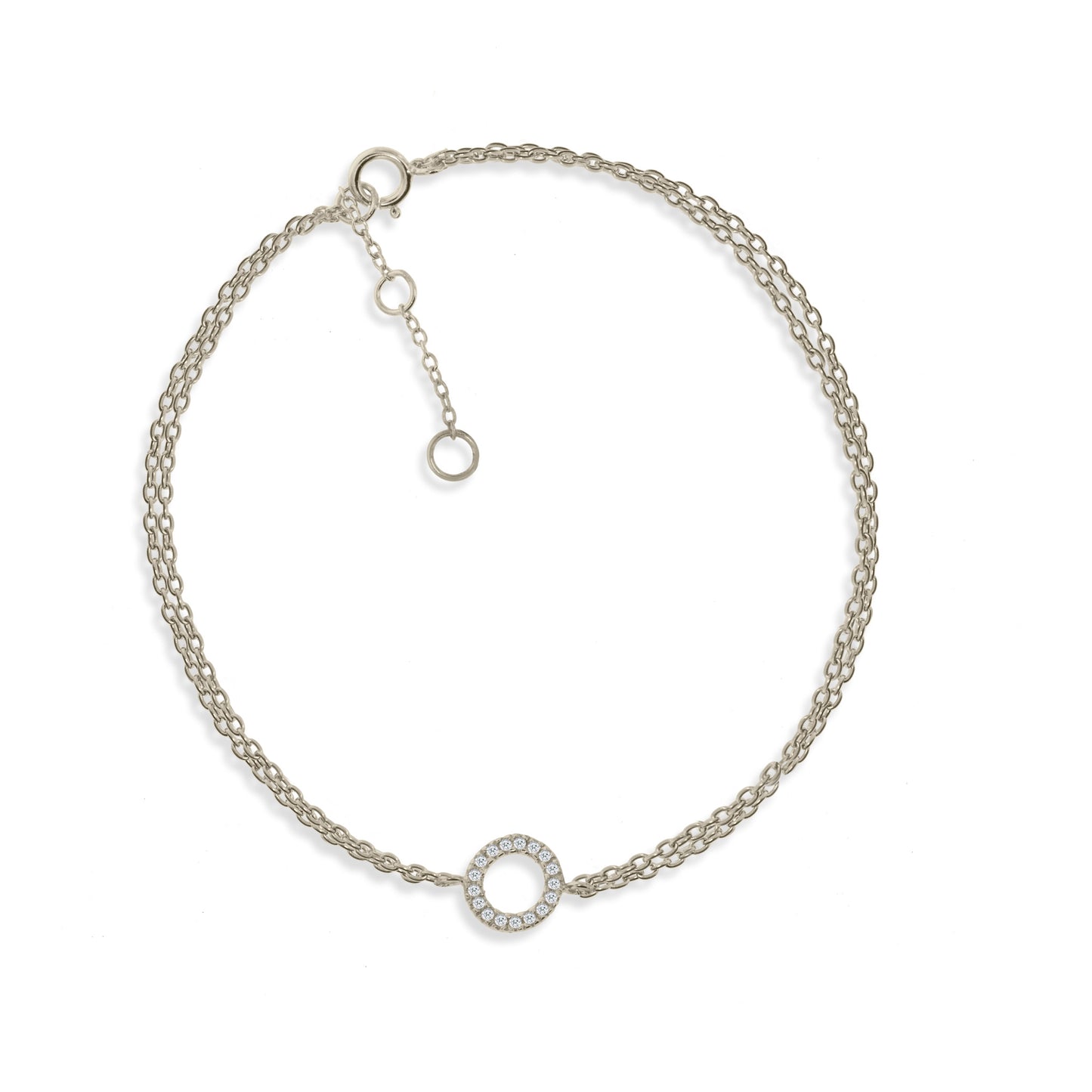 
Rose gold plated on silver double chain bracelet with circle charm decorated with CZ, shown .

