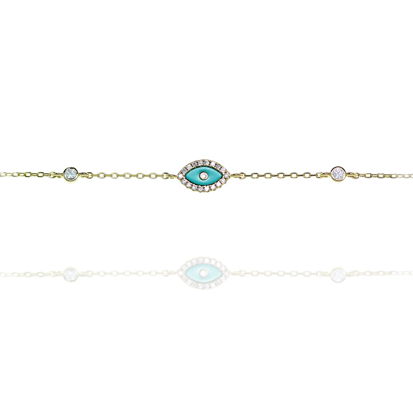 
Elegant sterling silver bracelet featuring a central enamel evil eye with intricate details.

