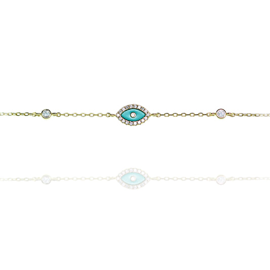 
Elegant sterling silver bracelet featuring a central enamel evil eye with intricate details.

