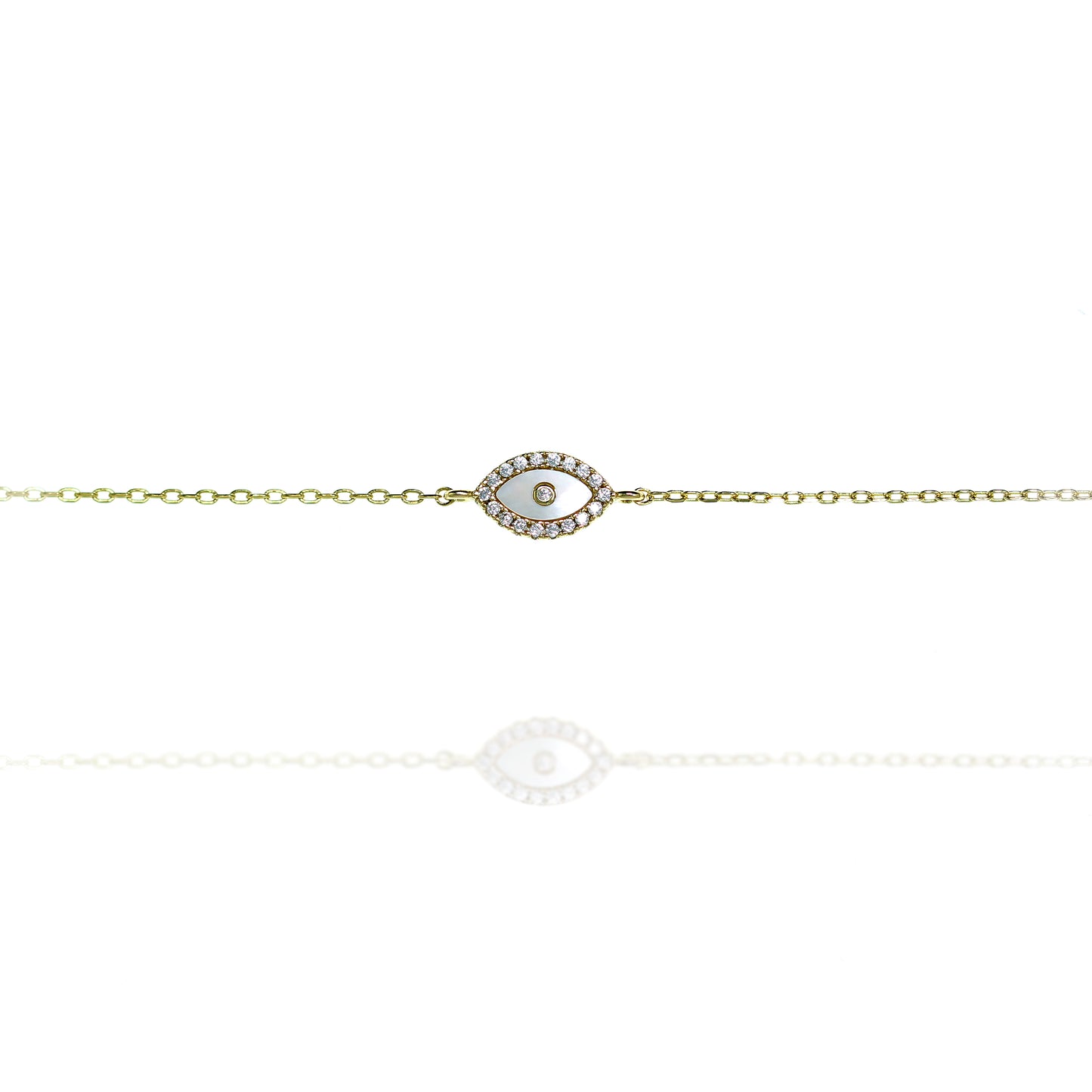 
Elegant sterling silver bracelet featuring a central enamel evil eye with intricate details.

