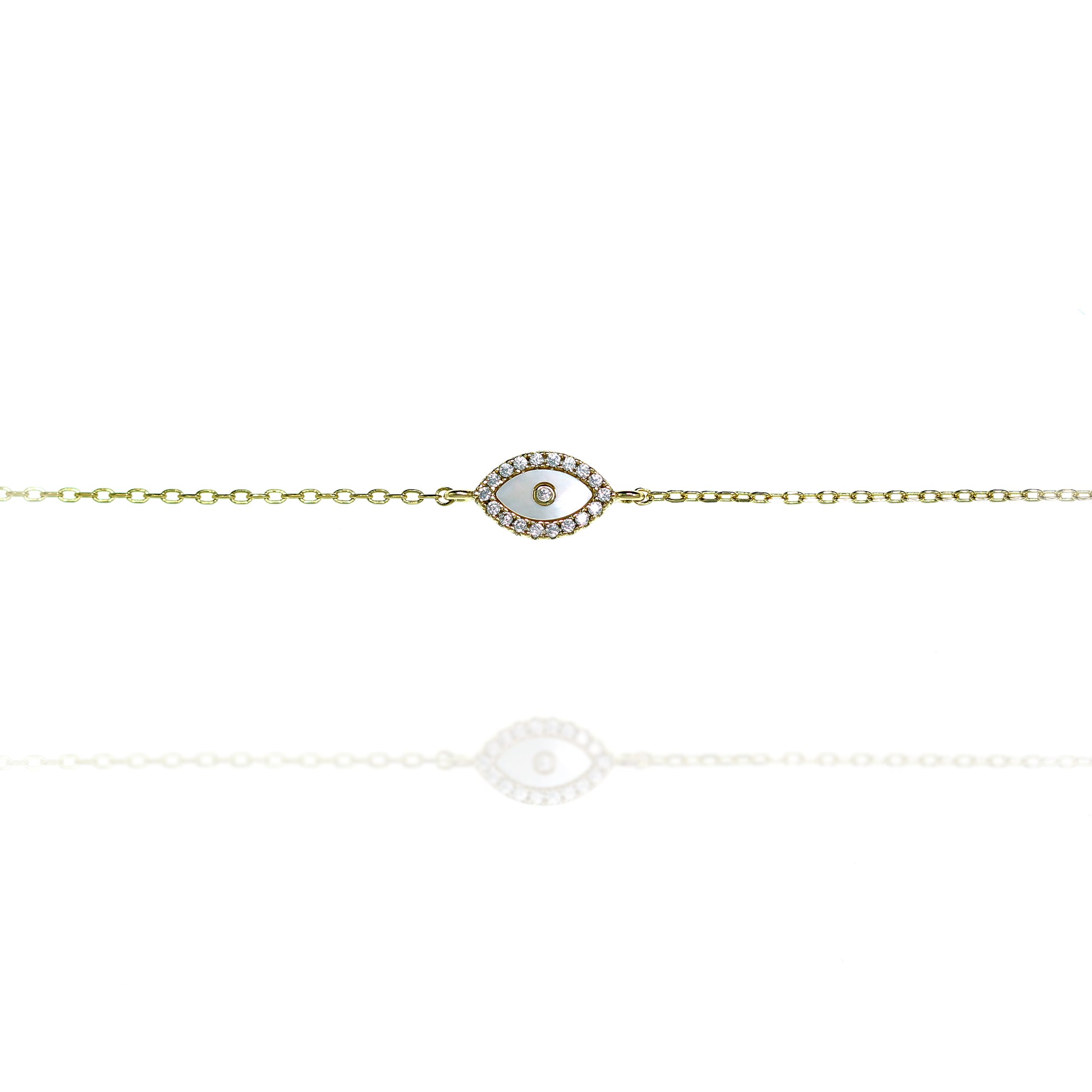 
Elegant sterling silver bracelet featuring a central enamel evil eye with intricate details.

