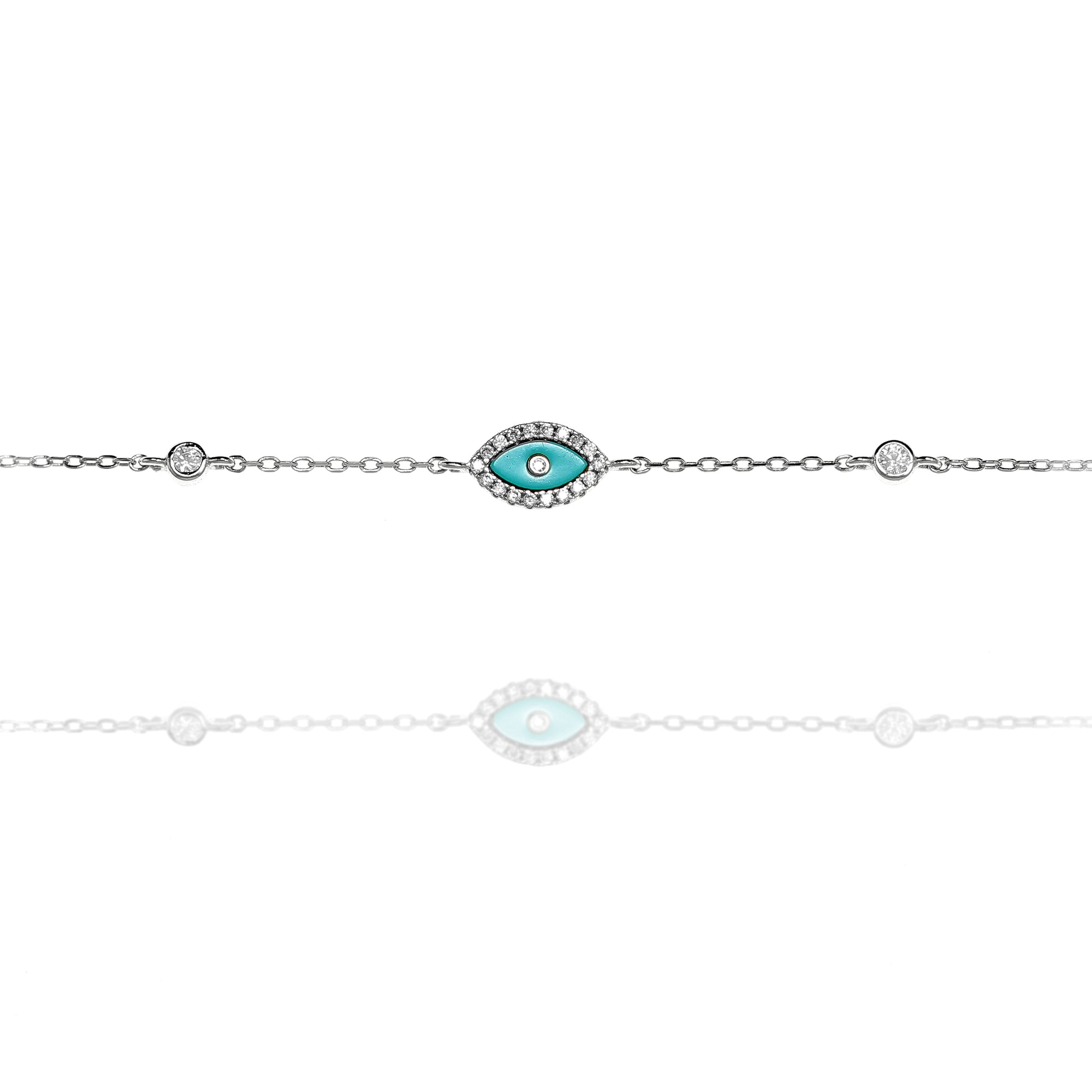 
Elegant sterling silver bracelet featuring a central enamel evil eye with intricate details.

