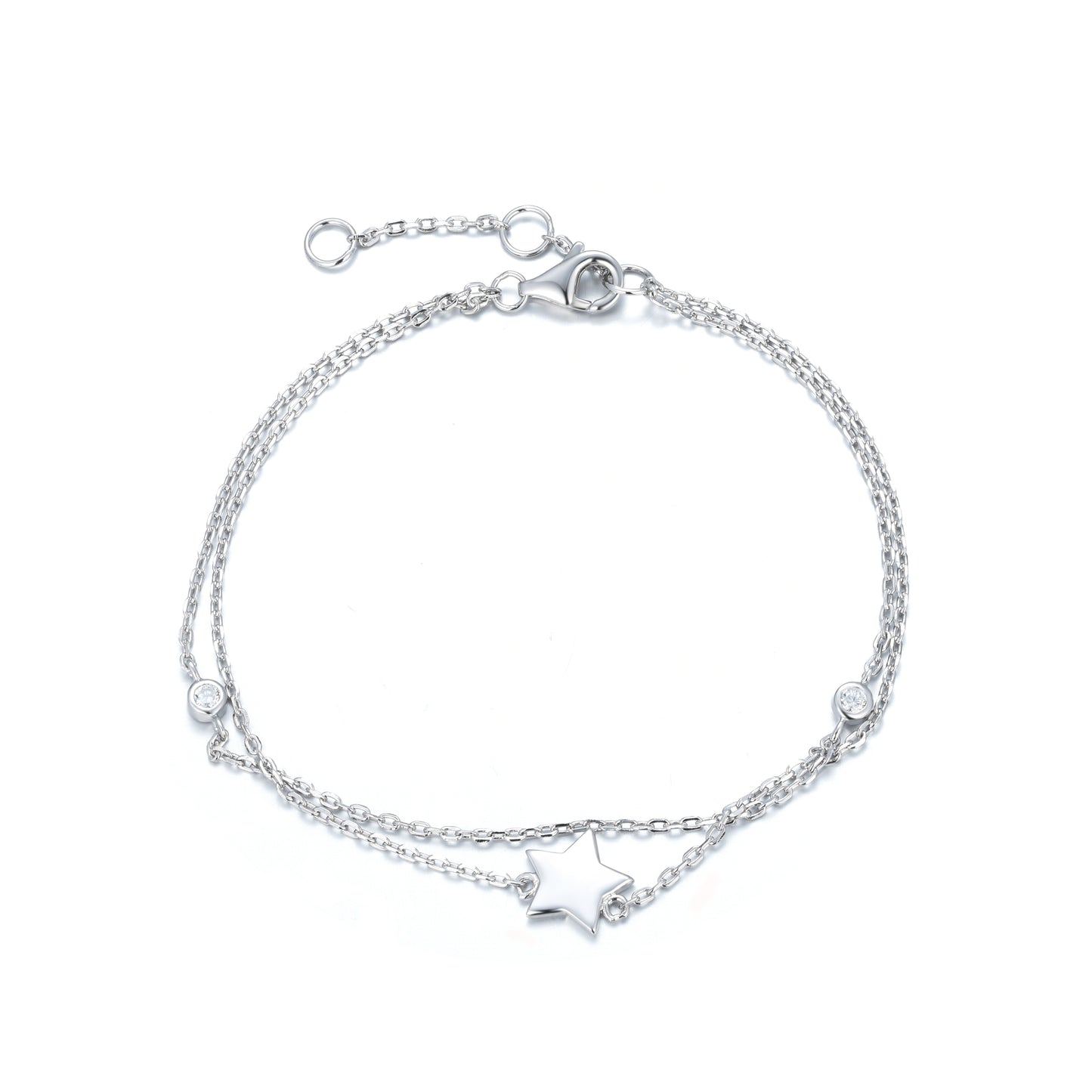 
Sterling silver double chain bracelet with star charm and cubic zirconia stones.

