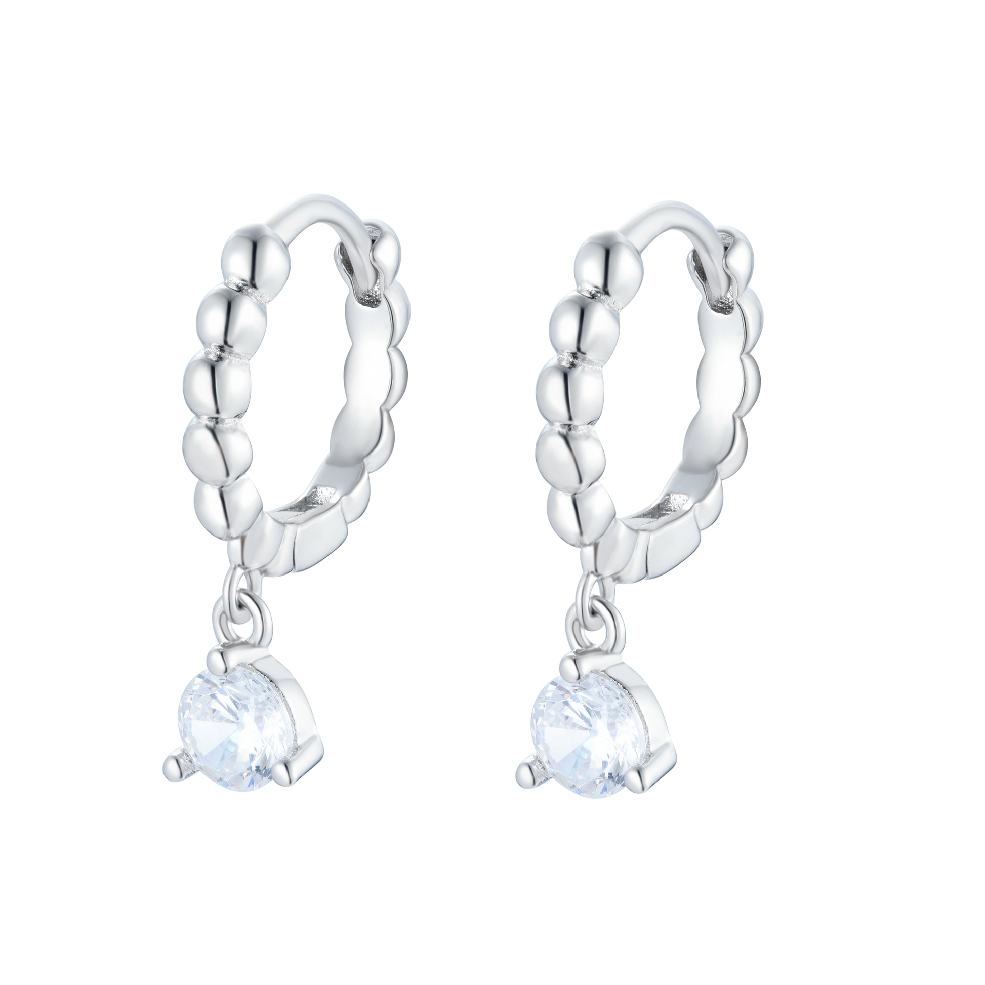 
Sterling silver 12mm decorative hoop earrings with a white Cubic Zirconia drop design.

