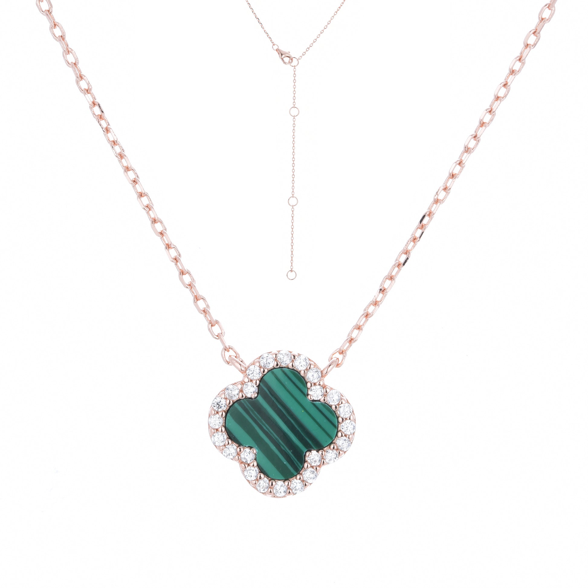 
Rose gold malachite clover necklace with white cubic zirconia  .

