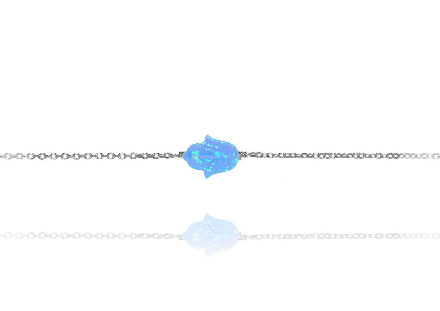 
Sterling Silver Chain Bracelet with Blue Opal Hamsa Charm

