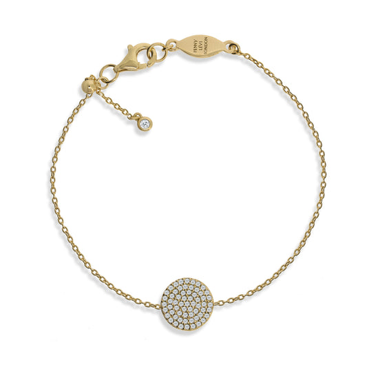 
Gold-plated silver chain bracelet with an 8 mm pave disc and adjustable sliding ball.

