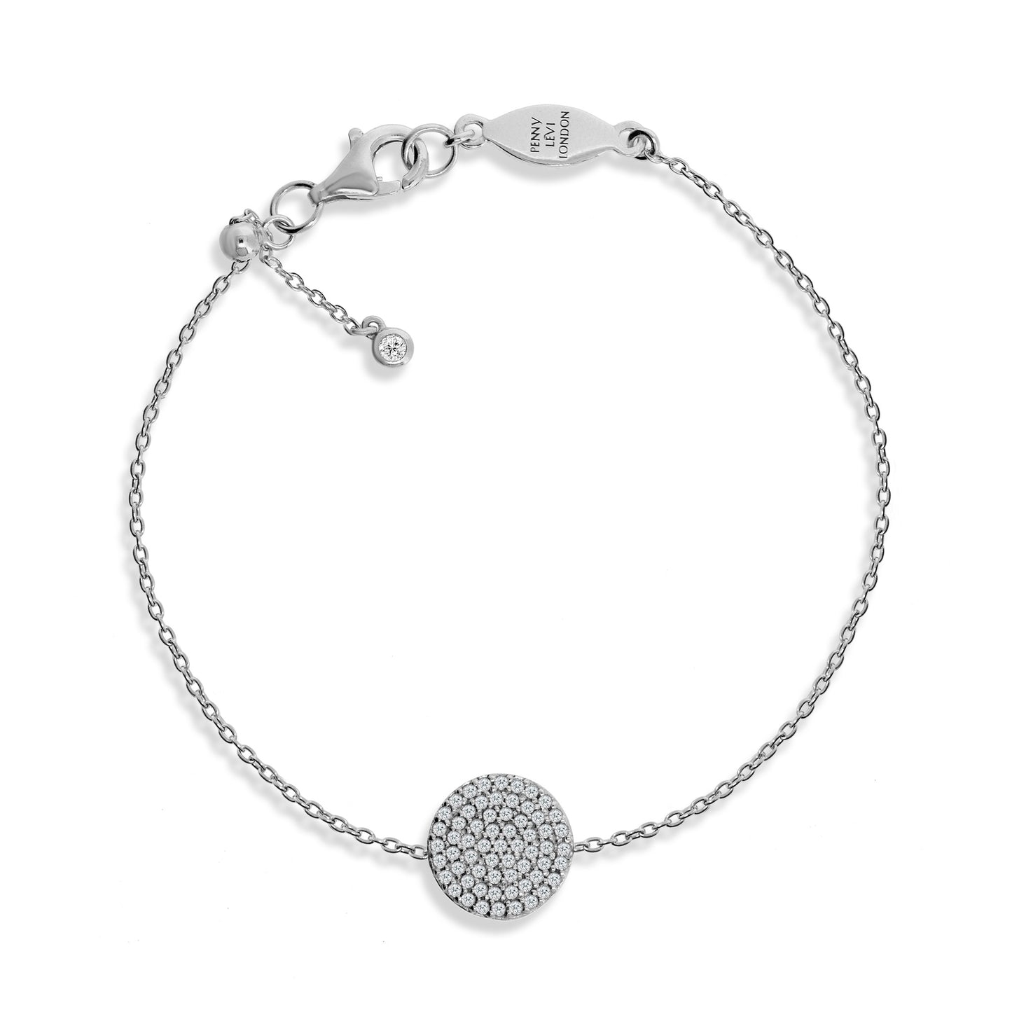 
Sterling silver chain bracelet with pave disc and adjustable sliding ball clasp

