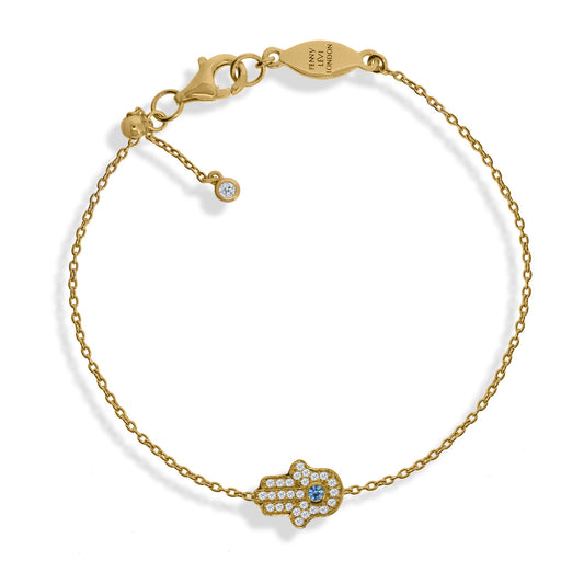 
Delicate gold micron plated on silver Hamsa hand chain bracelet with crystal encrusting and adjustable size slider.

