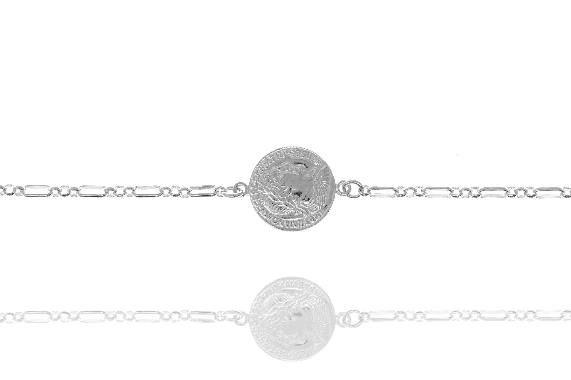 
Sterling silver wide chain bracelet with an intricately engraved coin, manufactured in Italy.


