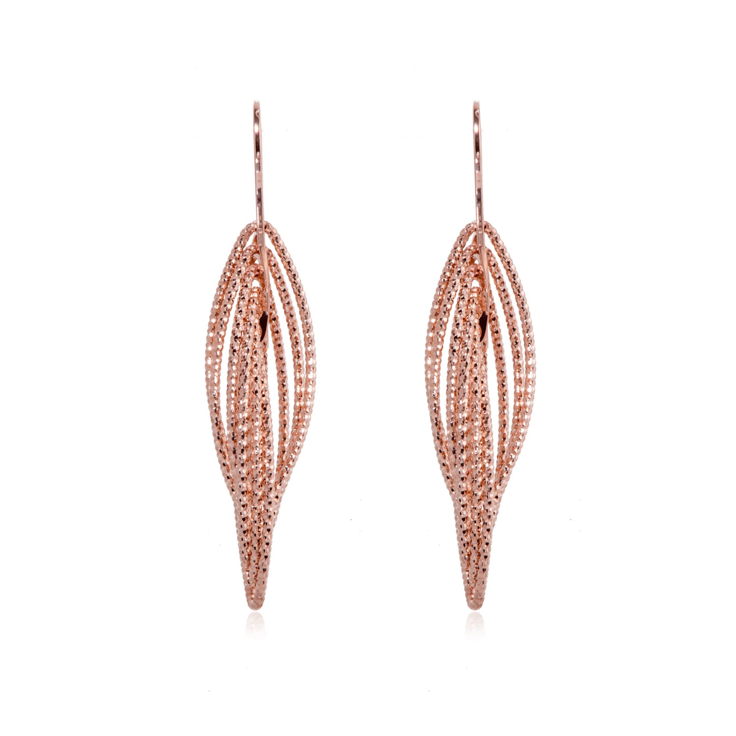 
Sterling silver multi ellipse intertwined 3D drop hook earrings with a diamond cut finish.

