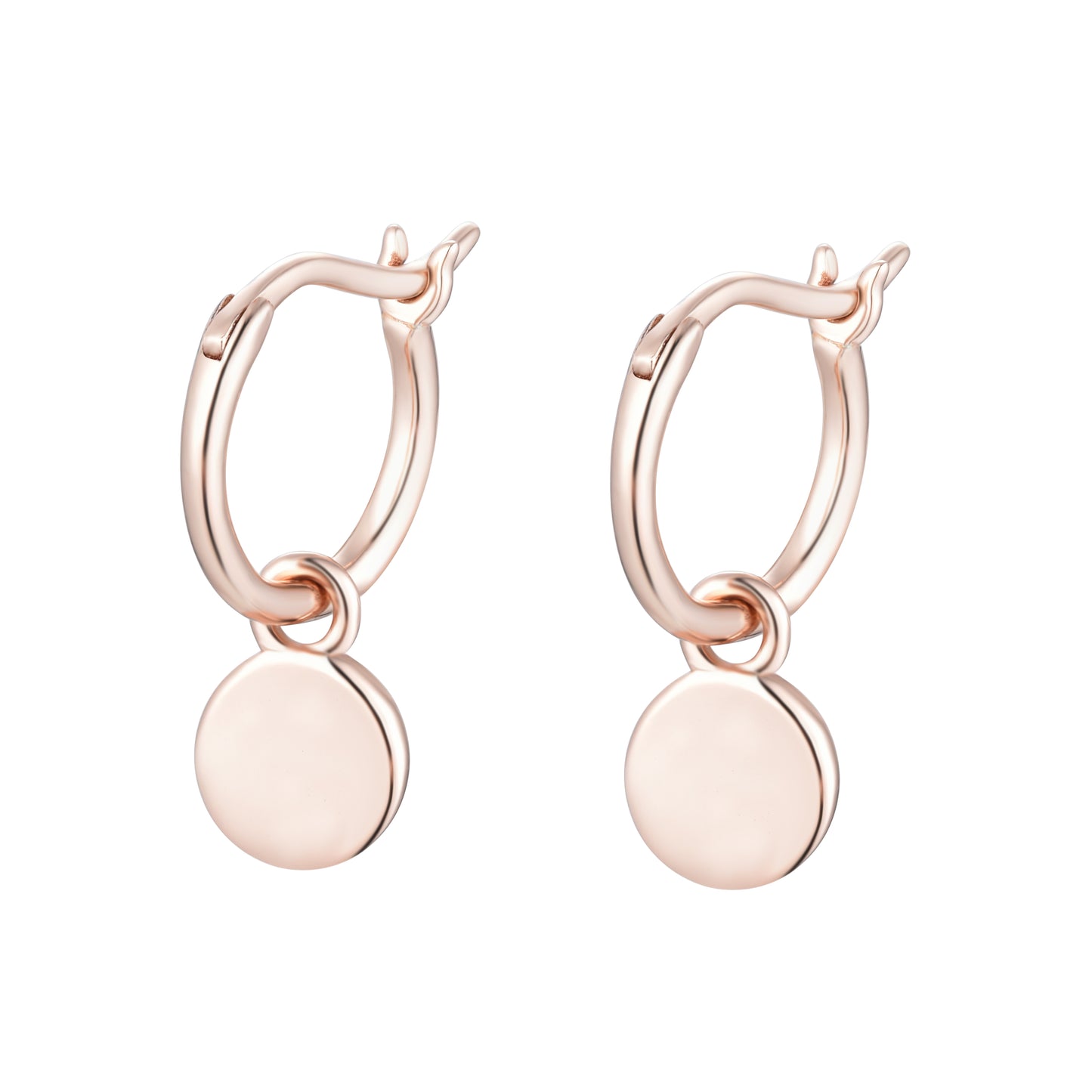 
Rose Gold plated hoop earrings with plain finish and hanging disks.

