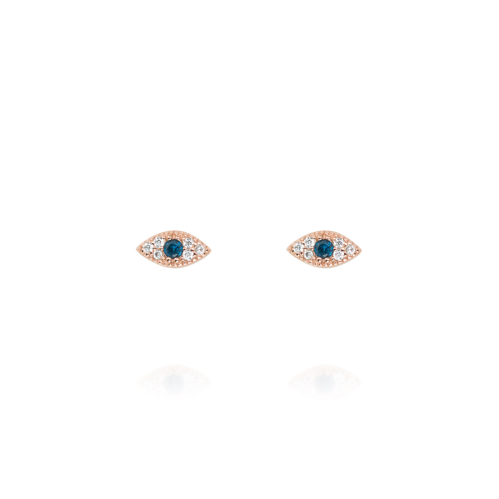 

Rose Gold Plated Evil Eye Pave Stud Earrings with Blue Centre Stone and Cubic Zirconia

