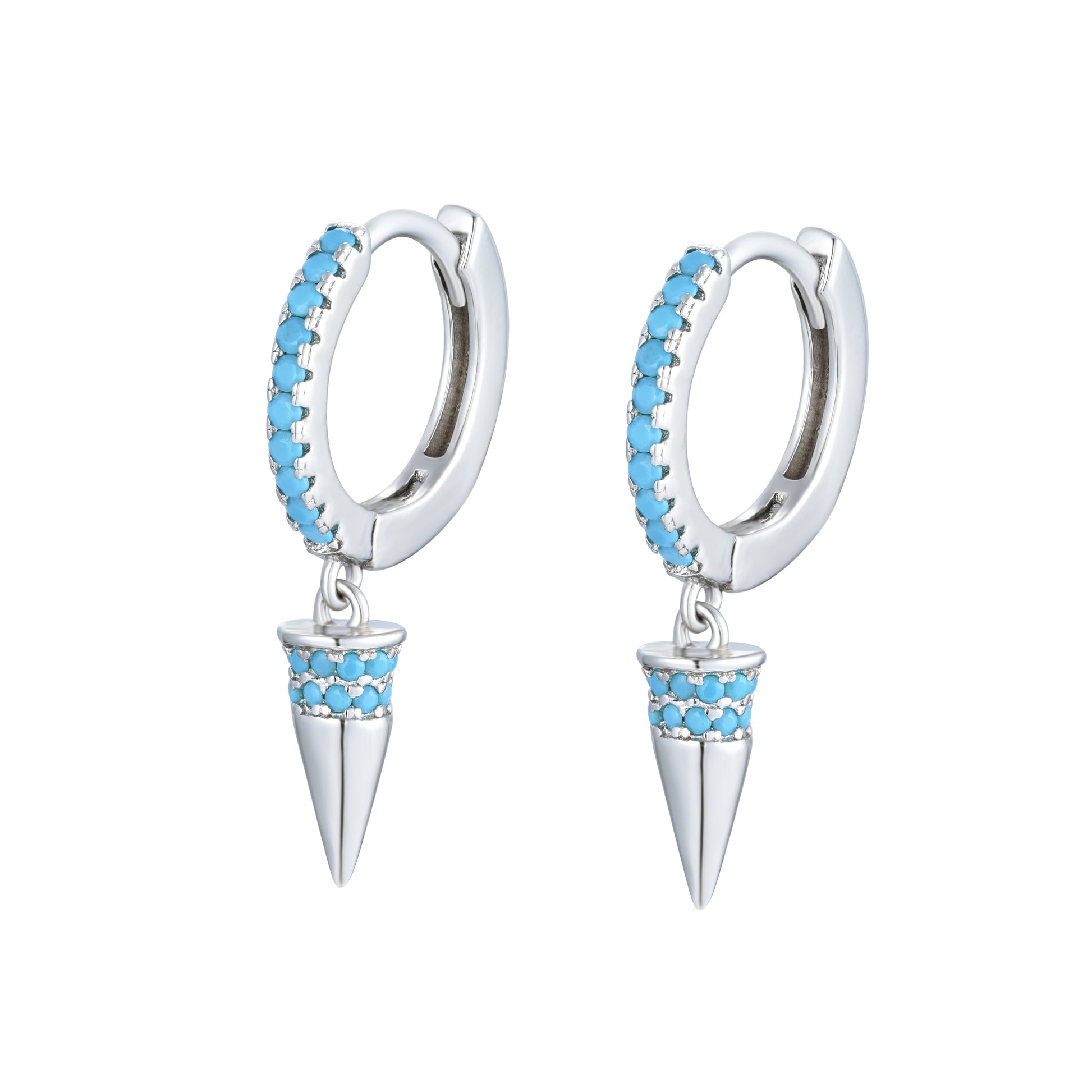 
Sterling Silver Hoop Earrings with Turquoise decoration and cone-shaped turquoise drops

