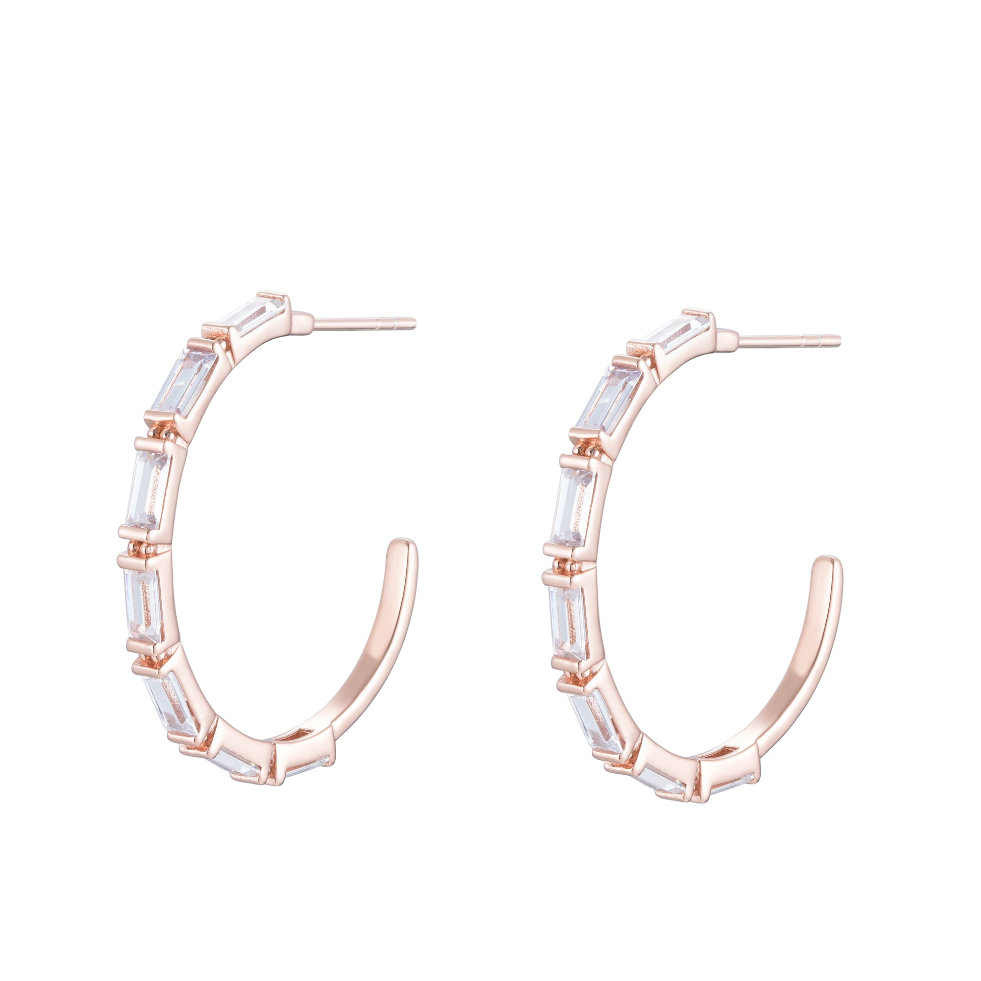 
Rose Gold Plated Open Hoop Earrings set with Baguette-style Cubic Zirconia

