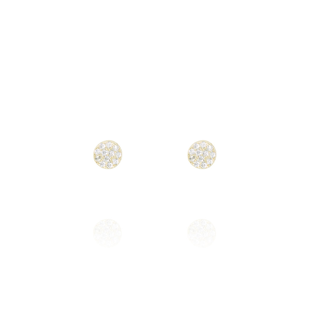 
Gold plated silver pave disk ear studs with sparkling stones  .

