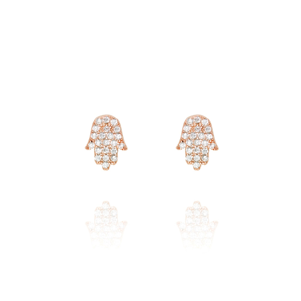 
Rose Gold-Plated Silver Pavé Stud Earrings in Hamsa Hand Design

