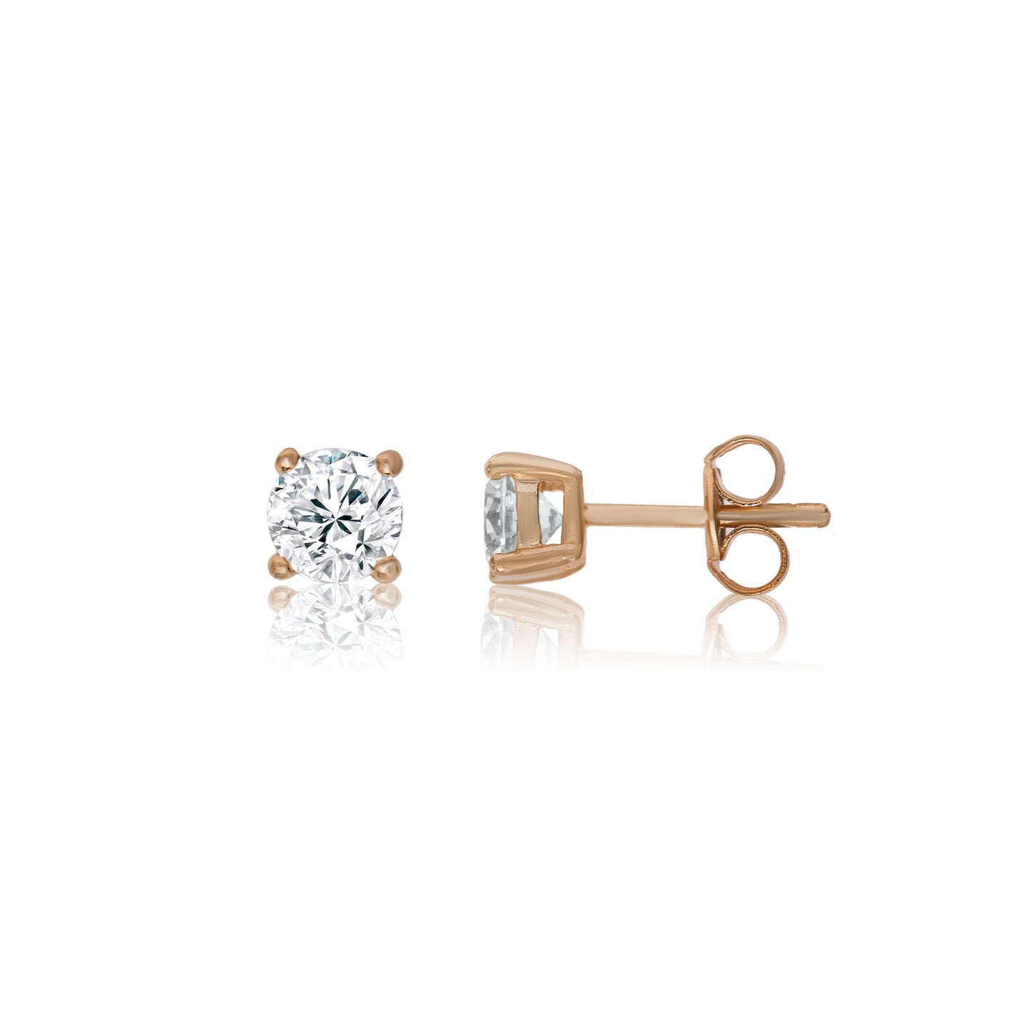 
Close-up view of rose gold plated silver stud earrings with cubic zirconia.

