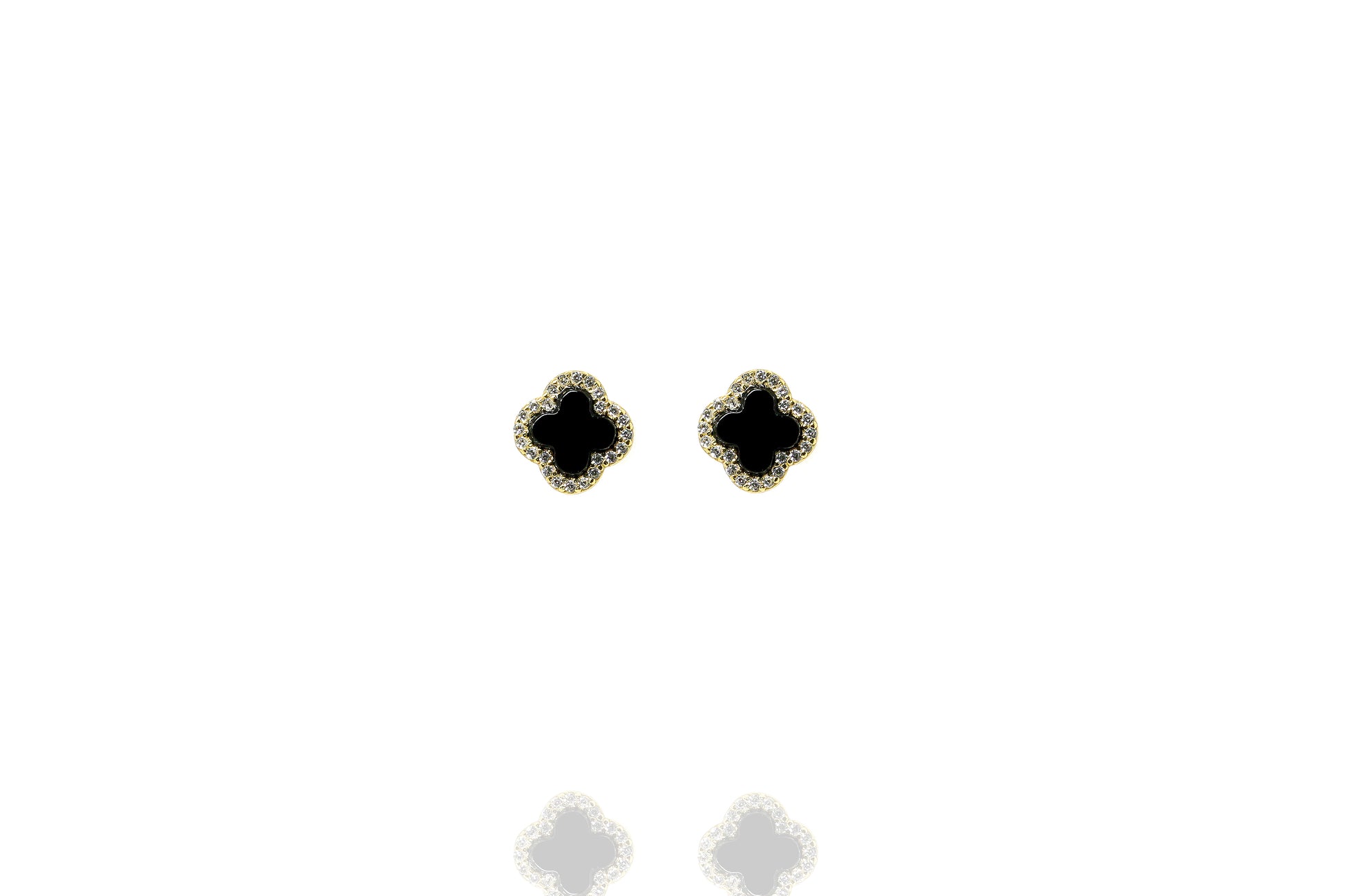 

Elegant gold plated on silver clover earrings with black onyx centres rimmed with white CZ stones

