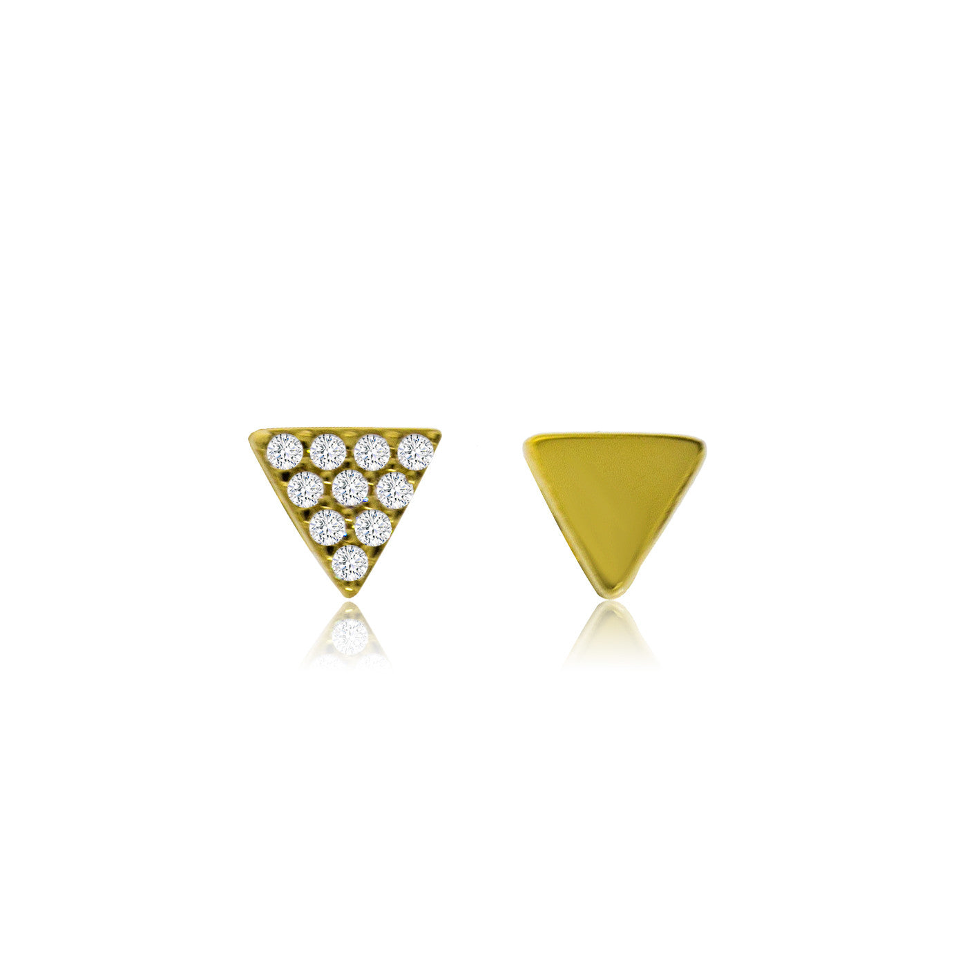 

Gold plated on silver small triangle stud earrings; one stud with Cubic Zirconia, the other plain.

