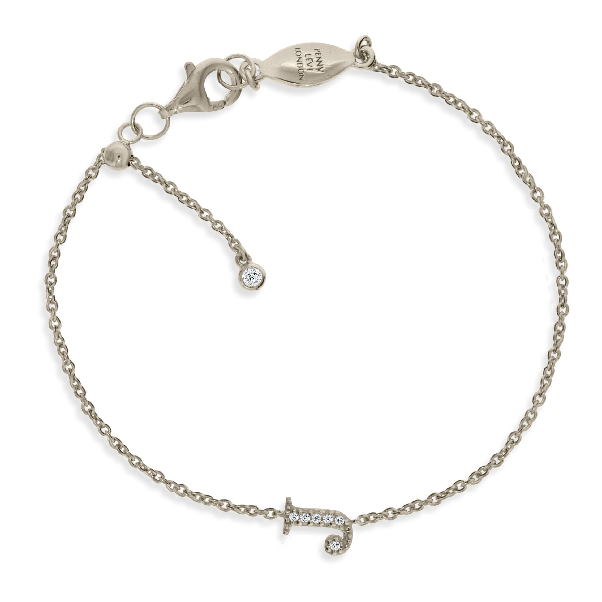 
Sterling silver chain initial bracelet with cubic zirconia, featuring a sliding size adapter and secure lobster clasp.

