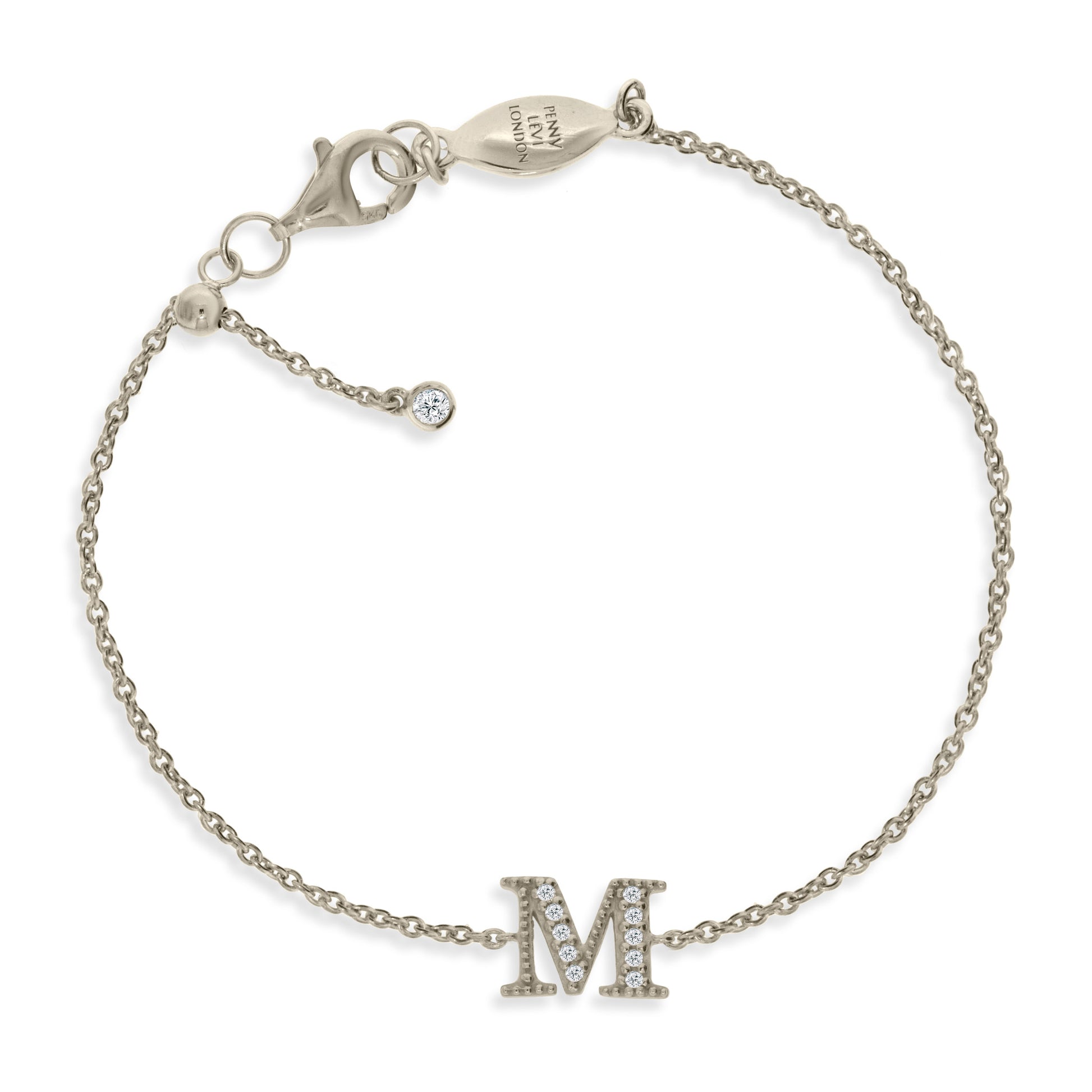 
Sterling silver initial bracelet with cubic zirconia charm and sliding size adapter

