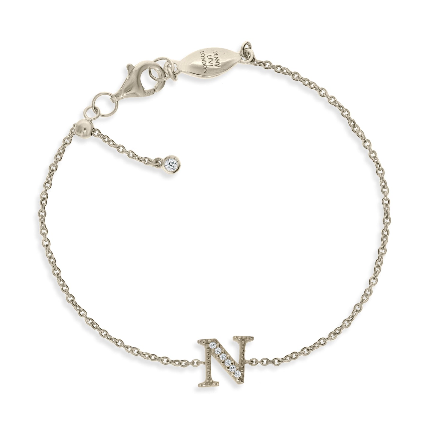 
Sterling silver chain initial bracelet with CZ, featuring a sliding size adapter and an 'N' initial.

