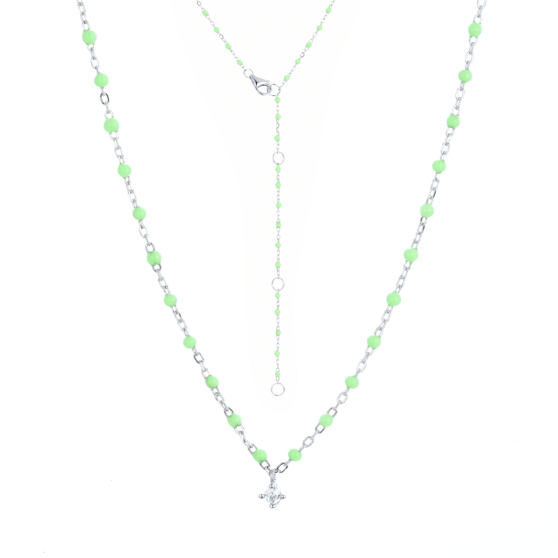 Sterling silver chain with apple green beads and hanging cubic zirconia necklace

