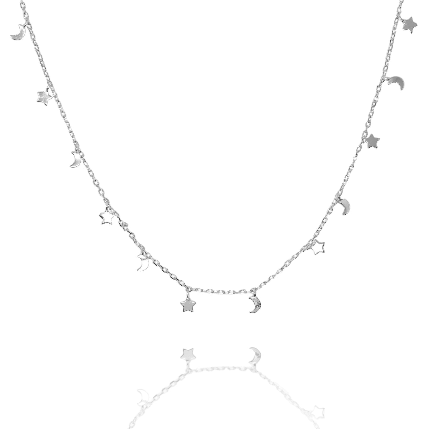 
Sterling silver chain necklace with hanging stars and moons.

