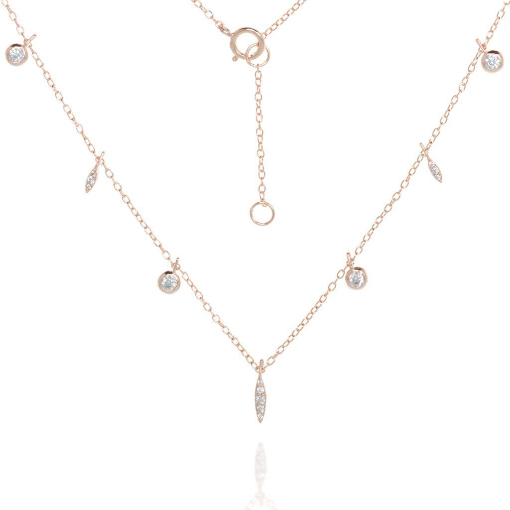 
Rose gold plated delicate chain necklace with hanging Cubic Zirconia in two different shapes.

