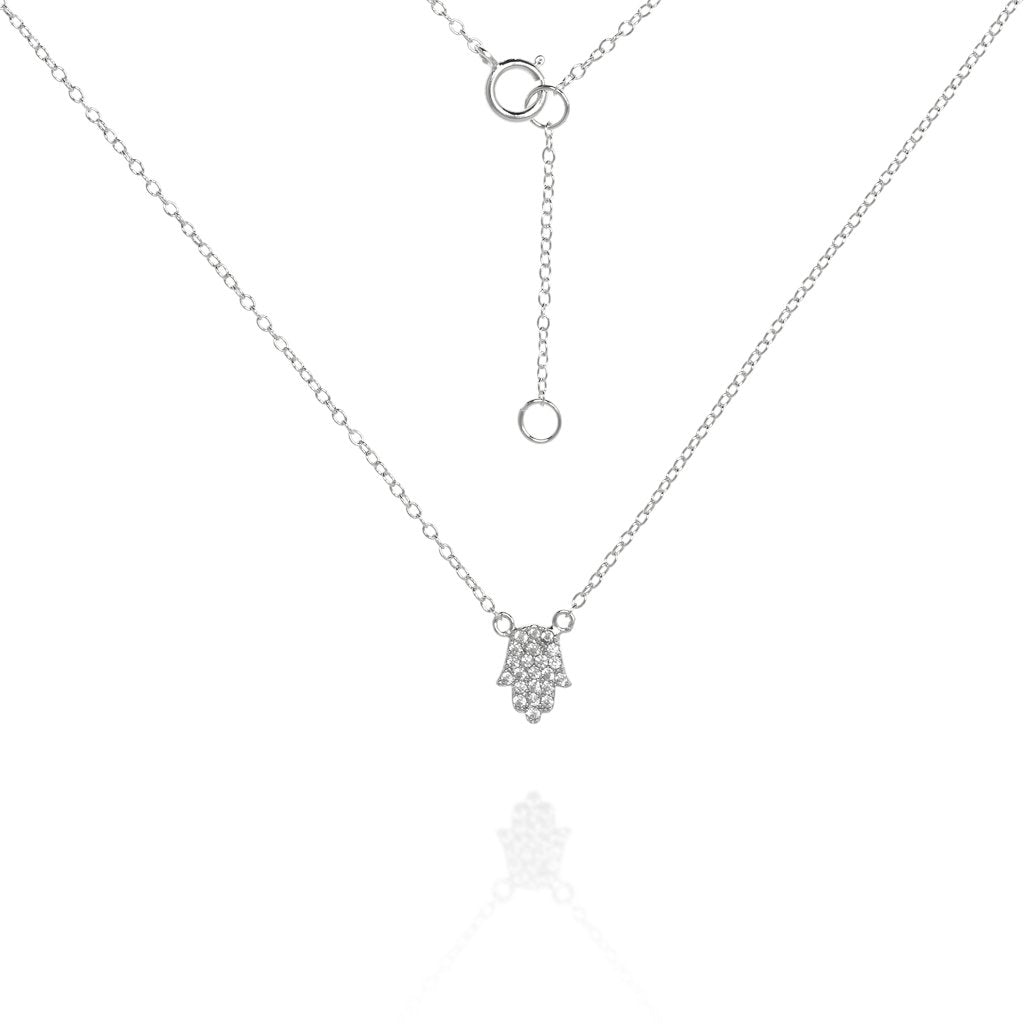 
Sterling silver chain with a sparkling Hamsa pendant.