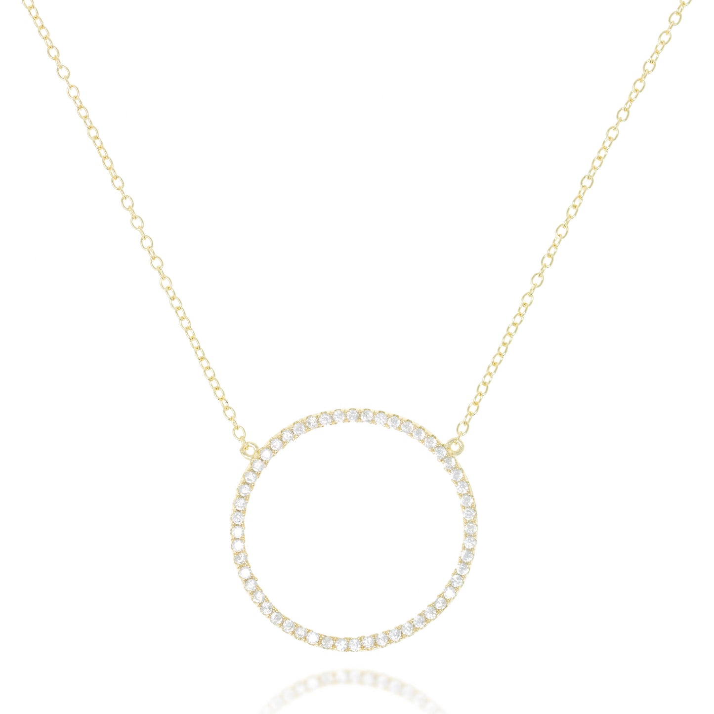 
Elegant sterling silver hollow CZ pave pendant necklace with circle pendant and adjustable chain.

