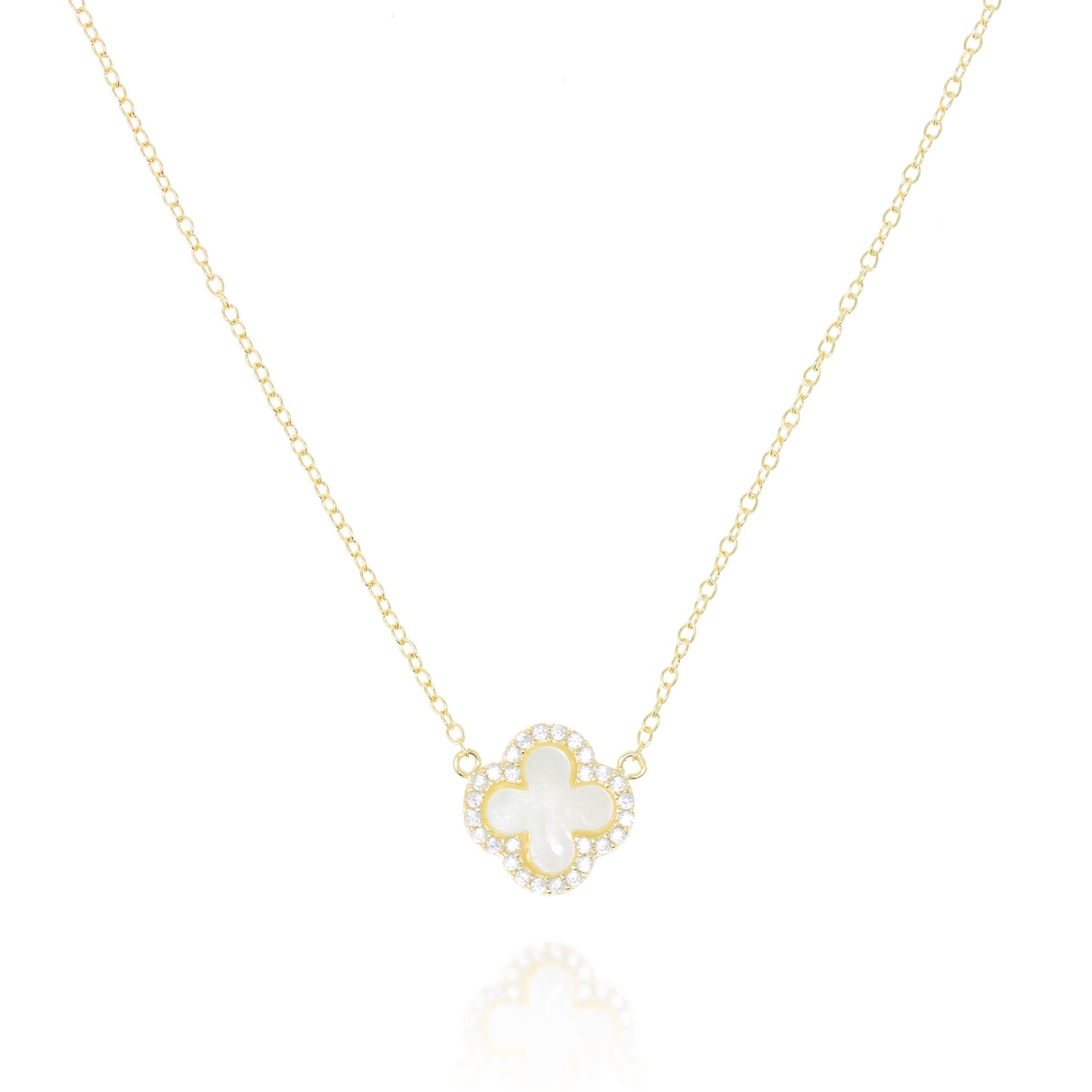 
Gold-plated sterling silver necklace with mother of pearl clover pendant rimmed with cubic zirconia

