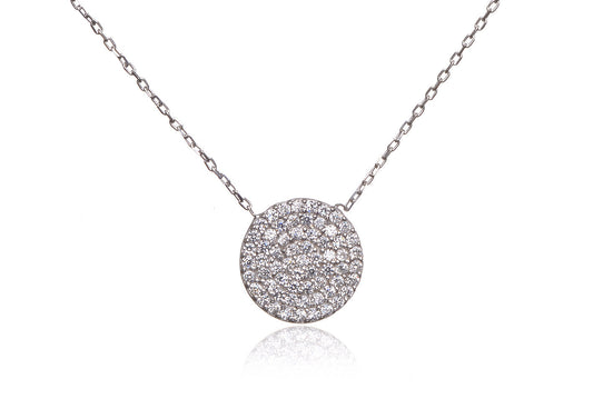 
Elegant sterling silver chain with 1 cm CZ pave disk pendant.

