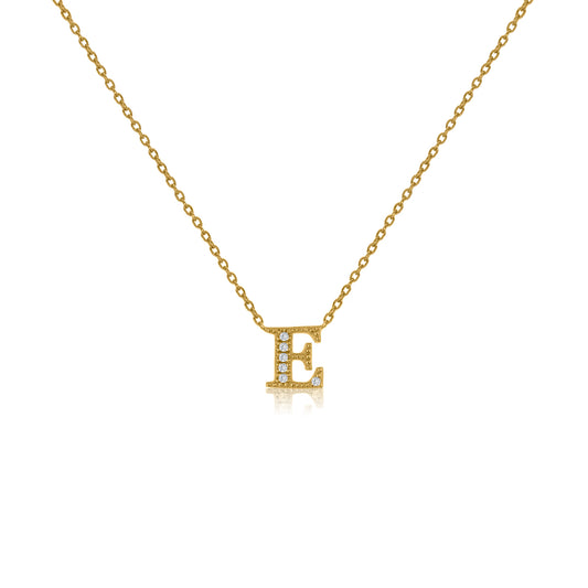 
Gold-plated necklace with 'E' initial pendant adorned with cubic zirconia stones and an adjustable chain.

