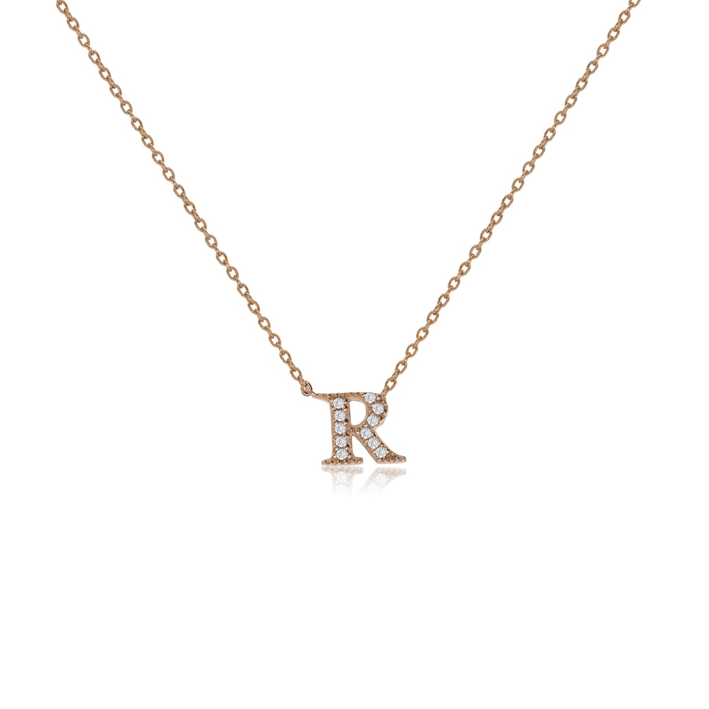 
Rose gold on silver initial necklace with CZ decoration and sliding length adjuster, initial 'R'.

