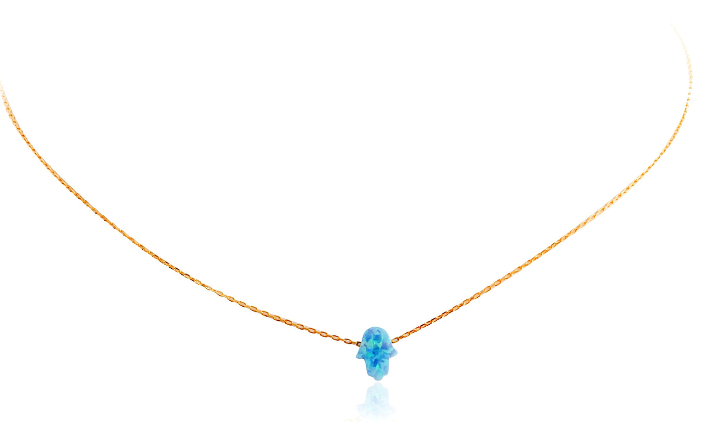 
Gold-plated silver chain necklace with blue opal Hamsa charm  .

