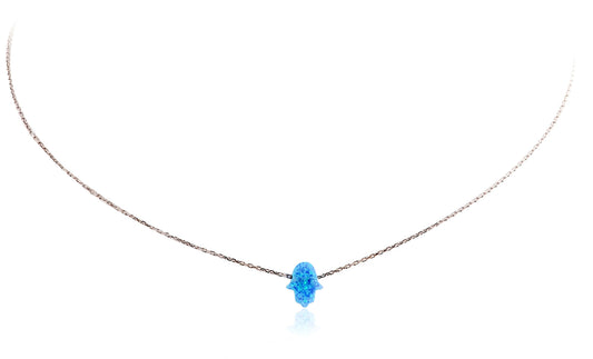 
Sterling silver chain necklace with blue Opal Hamsa charm  .

